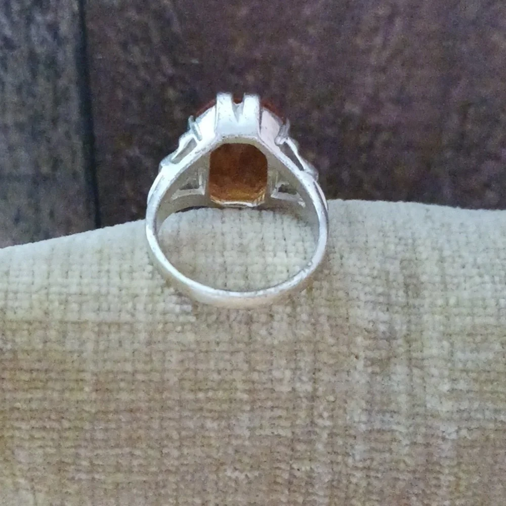 Synthetic Orange Stone Four Prong Set Silver Ring